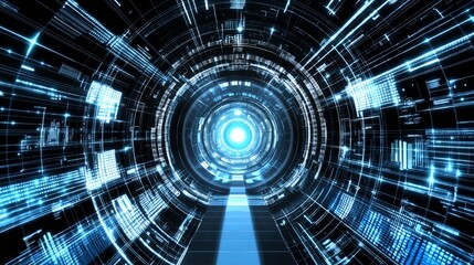 Fototapeta premium Abstract futuristic tunnel with glowing blue lights.