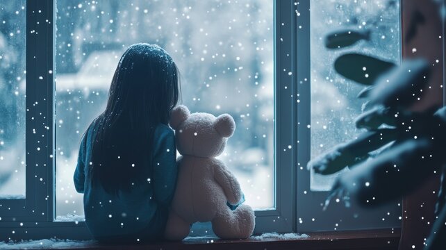 Sad Kid cuddle teddy bear sitting near window and snow fall in the morning,alone kid looking snowflakes with sad face,Mental health child,parental mistakes in raising children.