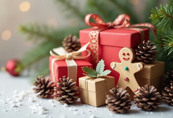 Christmas Gift Boxes with Gingerbread Man and Pine Cones