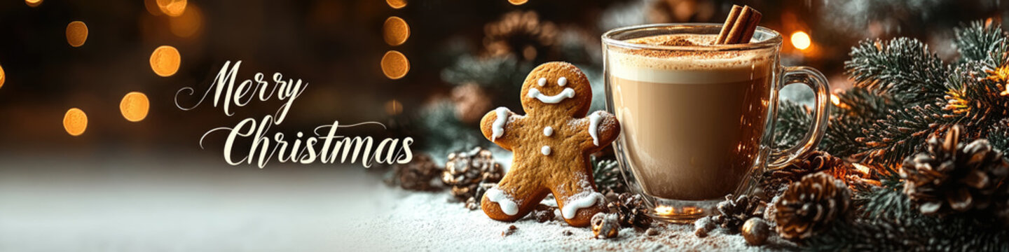 Banner Happy 2025, cup of latte with cinnamon and gingerbread man, star and festive decorations, winter festive background.