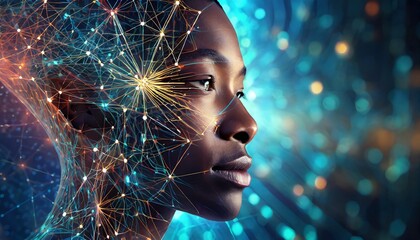 Stylized human profile created from abstract neural network patterns and floating data points symbolizing AI-driven innovation
