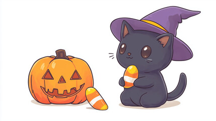 A cute black cat in a witch hat holding candy corn next to a jack-o'-lantern.