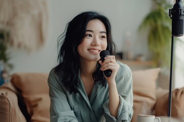 the girl is engaged in podcasts