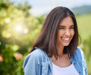 Smile, woman and relax with thinking outdoor for vacation travel, summer peace or sunshine of sightseeing. Happy, girl and laugh for nature view, holiday destination and calm morning of field journey