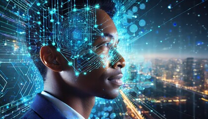 A digital face profile formed from glowing neural connections and circuits symbolizing AI technology and machine learning