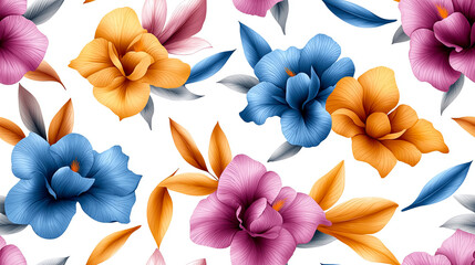 Vibrant floral pattern featuring colorful flowers in shades of blue, orange, and pink, complemented by delicate leaves. This design exudes lively and cheerful atmosphere