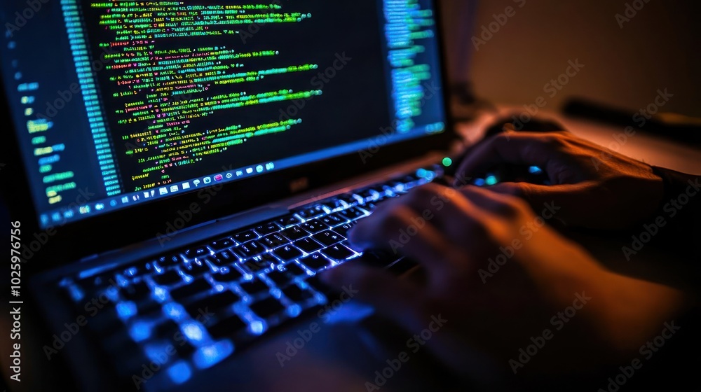 Aufkleber Hands Typing Code on Laptop Keyboard with Colorful Screen Display