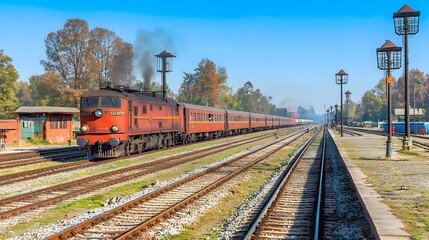Obraz premium Railway Junction: A complex network of intersecting tracks converging at a bustling railway junction, with trains heading in various directions. 