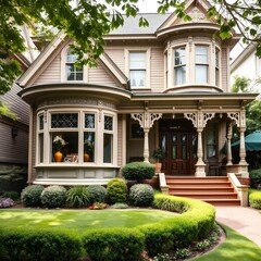 Obraz premium A charming Victorian-style house with intricate woodwork, large bay windows, and a perfectly manicured garden in the front yard