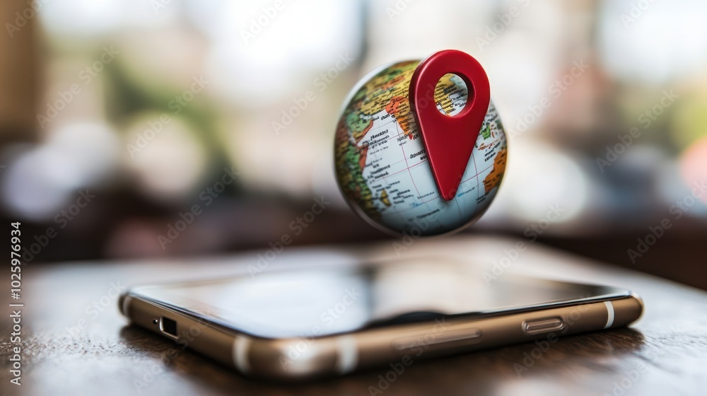 Poster Red Pin Location Marker Hovering Above Smartphone with Globe