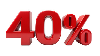 Bold red number 40% on a transparent background, ideal for impactful graphics and signage.