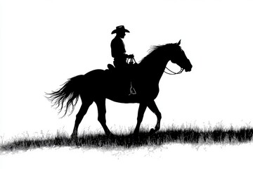 Fototapeta premium Cowboy riding horse at night with moon and mountains silhouette
