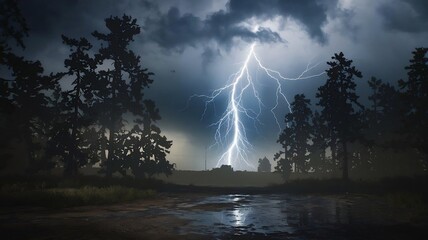 A dramatic cinematic shot captures a dark, stormy sky as a lightning bolt strikes, illuminating a muddy forest with towering trees and a distant silhouette of a building.