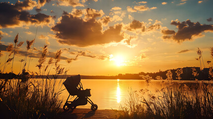 A baby stroller is parked on the shore of a lake at sunset