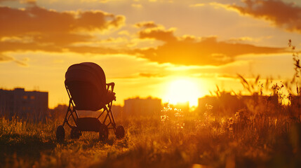 Naklejka premium A stroller is sitting in a field with the sun setting in the background