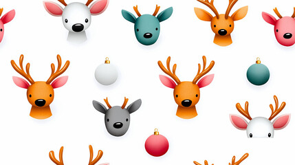 Obraz premium Cute and colorful reindeer heads with antlers and ornaments create festive pattern, perfect for holiday themed designs and decorations
