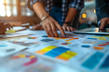 Obraz premium Closeup of an economic strategy session with hands over a table full of graphs on fiscal policy sector innovation and sustainability