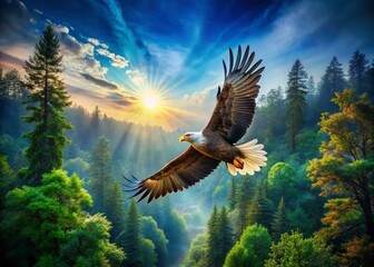 Obraz premium Majestic Patriotic Eagle Soaring Over American Landscape - High Depth of Field