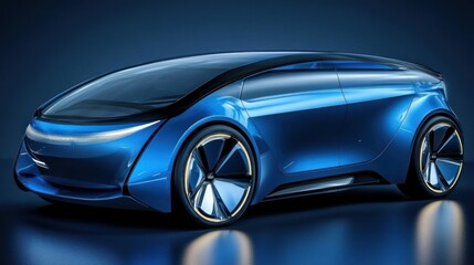 A Futuristic Blue Electric Car with Sleek Design and Golden Rim