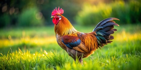 Fototapeta premium Majestic Rooster in Long Exposure on Lush Green Field – Gallus gallus domesticus