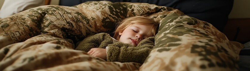 Child peacefully sleeping in a large, cozy blanket at home.