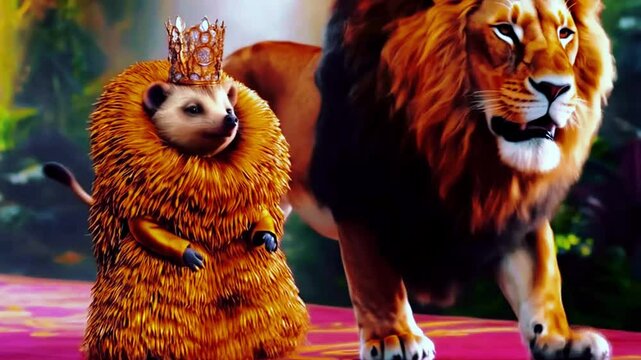 a tiny hedgehog confidently strutting down a grand, jungle-themed catwalk in a lion costume. The hedgehog's spiky body is disguised beneath a soft mane of golden fur, a majestic lion strides with a ca