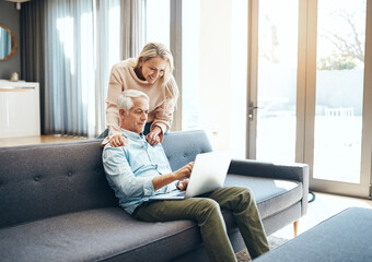 House, laptop and senior couple on sofa, finance planning or connection in living room. Mature people, apartment or man with woman, computer or internet with budget, savings or real estate in lounge