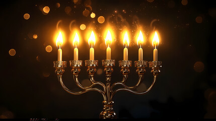 Fototapeta premium Golden hanukkah menorah on grey jewish abstract religion, magnificent menorah with burning candles, hanukkah, menorah AI.