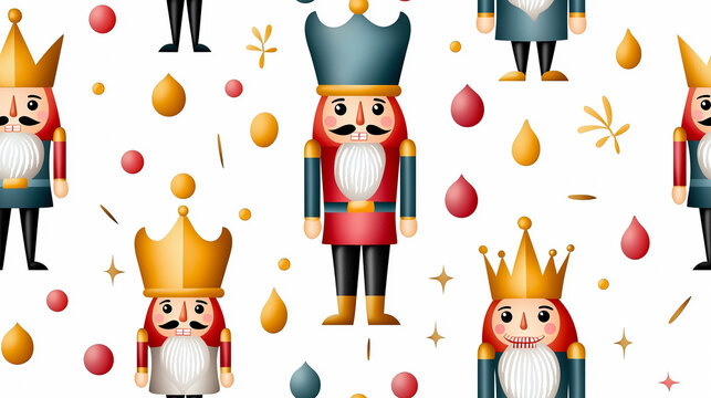 Colorful nutcracker characters in whimsical pattern with festive elements like drops and leaves, perfect for holiday themed designs