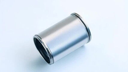 Camera films a 360-degree rotation of a shiny metal can on a white background with high-key lighting - Powered by Adobe