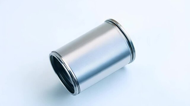 Camera films a 360-degree rotation of a shiny metal can on a white background with high-key lighting