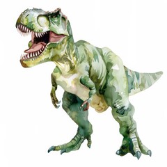 Fototapeta premium A watercolor illustration of a Tyrannosaurus rex dinosaur, showcasing intricate details and dynamic colors, isolated on a white background, perfect for educational materials, artwork