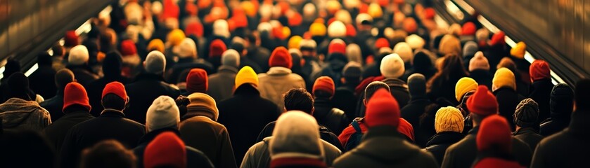 Crowd of people wearing colorful hats in a busy subway station during winter.
