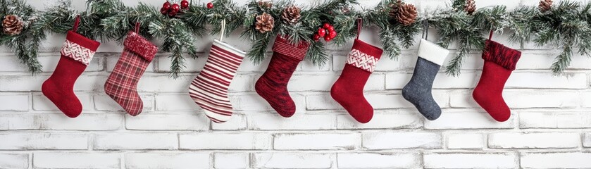 Decorative Christmas stockings hanging on a white wall with greenery.