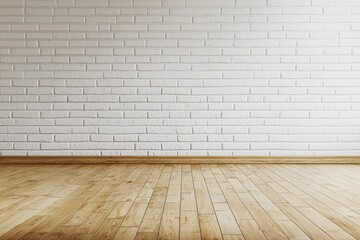 Fototapeta premium A minimalist interior featuring a white brick wall and wooden floor, ideal for showcasing design or photography.