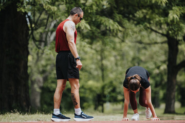 A man and a woman, both in athletic wear, stretch in a park setting, symbolizing commitment to fitness and healthy lifestyle outdoors.
