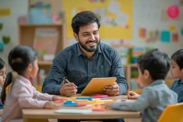 Fototapeta premium Indian Male Teacher Smiling with Preschool Kids During Classroom Activity and Interaction