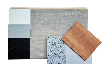 set of interior material samples in top view contains engineering wooden flooring tile, palette of artificial stones, terrazzo, oak wooden veneer isolated on background with clipping path. 