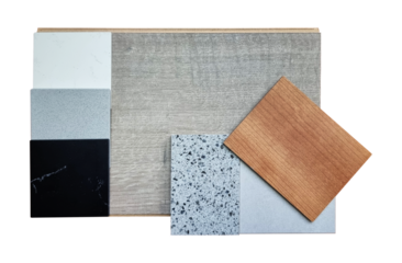 set of interior material samples in top view contains engineering wooden flooring tile, palette of artificial stones, terrazzo, oak wooden veneer isolated on background with clipping path. 
