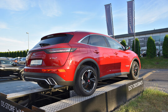 DS 7 (DS7) Crossback red car, premium sub-brand of Citroen, auto exposition near DS Store Warszawa. WARSAW, POLAND - AUGUST 20, 2020