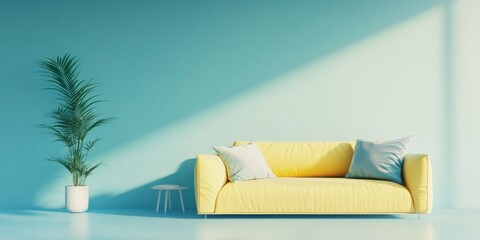 Bright and Inviting Living Room Design Featuring a Yellow Couch and Lush Green Plant