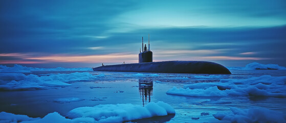 Submarine on sea surface, dark evening or early morning, cold ocean with ice around. Generative AI
