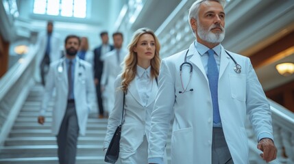 A group of doctors are walking down a white staircase