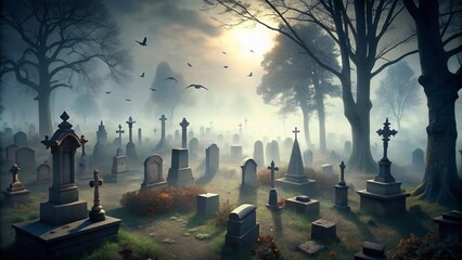 Minimalist Spooky Tombstones in a Foggy Graveyard - Eerie Atmosphere for Halloween Decor
