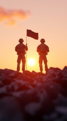 Fototapeta premium Soldiers Raising Flag at Sunny Memorial Site