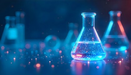 Glass beakers filled with colorful liquids on a dark blue background with glowing lights