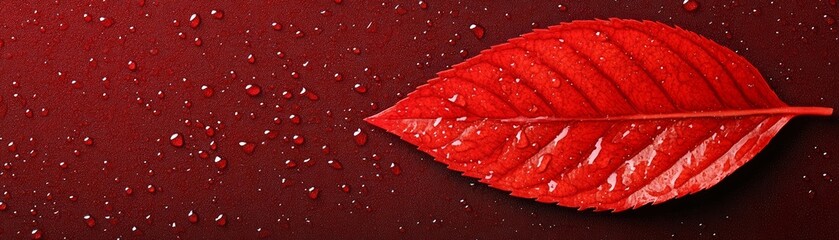 Fototapeta premium Red leaf on a textured red background with water droplets.
