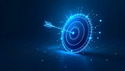 Obraz premium A glowing blue target with an arrow in the center, surrounded by a circular pattern of lines and sparks against a dark blue background