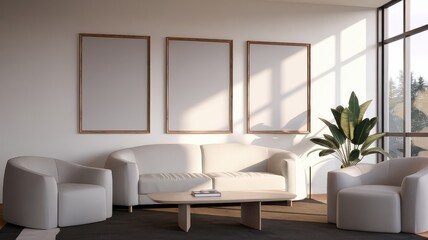 Fototapeta premium A modern living room with minimalist furniture, large windows, and empty frames, creating a bright and inviting atmosphere embellished with a plant.