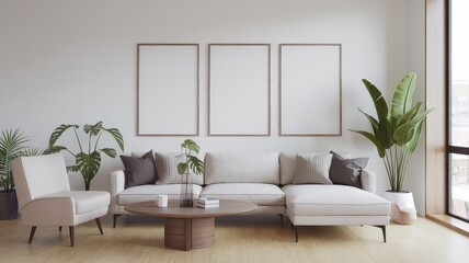 A modern living room featuring a minimalist sofa, decorative pillows, plants, and blank frames on the wall, with ample natural light streaming through large windows.